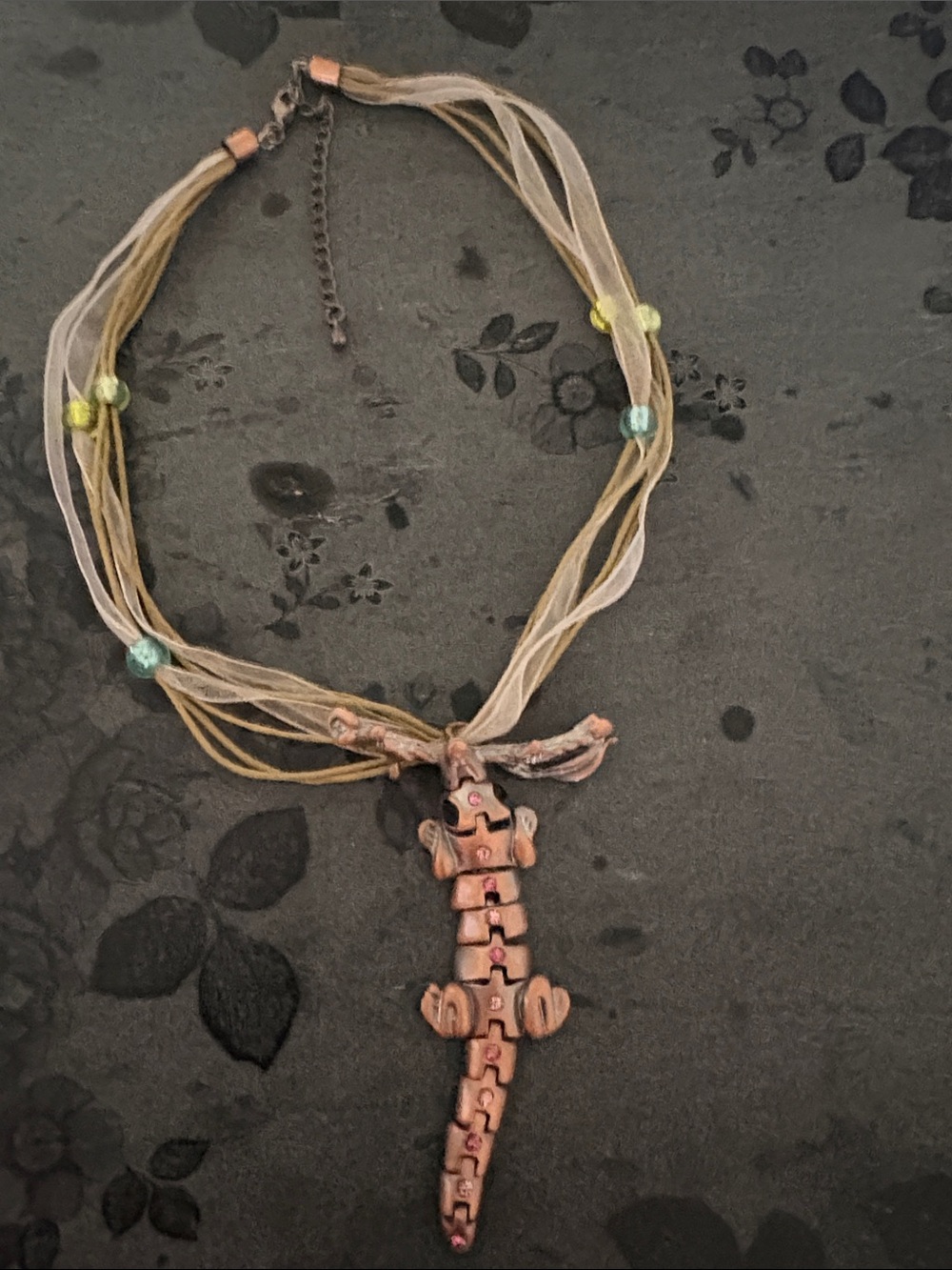 VINTAGE  COPPER CROCODILE  PENDANT ORGANZA BEADED CORDED 17-20" NECKLACE